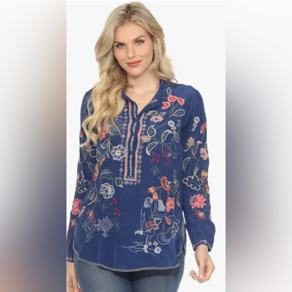 Johnny Was "Nya Blouse" Blue beautifully embroidered silk top. New with tags.